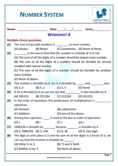 the number system worksheet grade 6